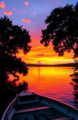A magnificent sunset over a tranquil lake, with vibrant orange, pink, and purple hues reflecting on the water's surface