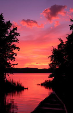 A magnificent sunset over a tranquil lake, with vibrant orange, pink, and purple hues reflecting on the water's surface