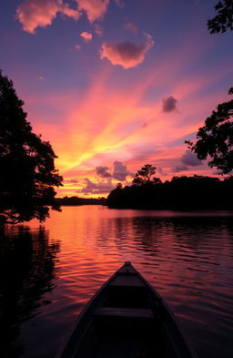 A magnificent sunset over a tranquil lake, with vibrant orange, pink, and purple hues reflecting on the water's surface