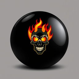 A 2D representation of a black billiard ball featuring a striking design of a flaming skull