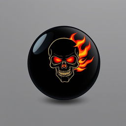 A 2D representation of a black billiard ball featuring a striking design of a flaming skull