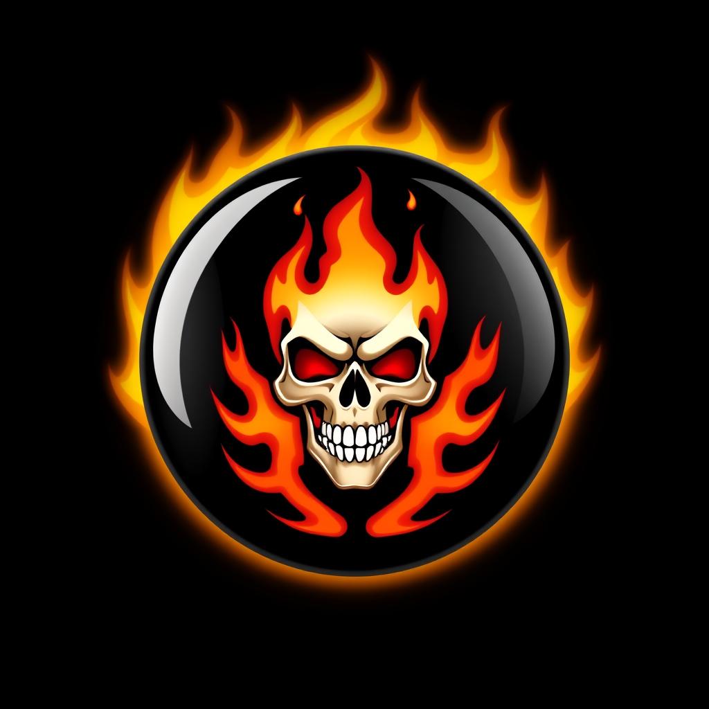 A 2D representation of a black billiard ball featuring a striking design of a flaming skull