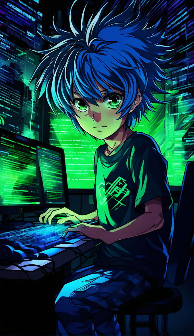 Anime-style digital art of a vibrant-haired boy intensely coding in PHP in a dimly lit room, surrounded by abstract representations of PHP functions.