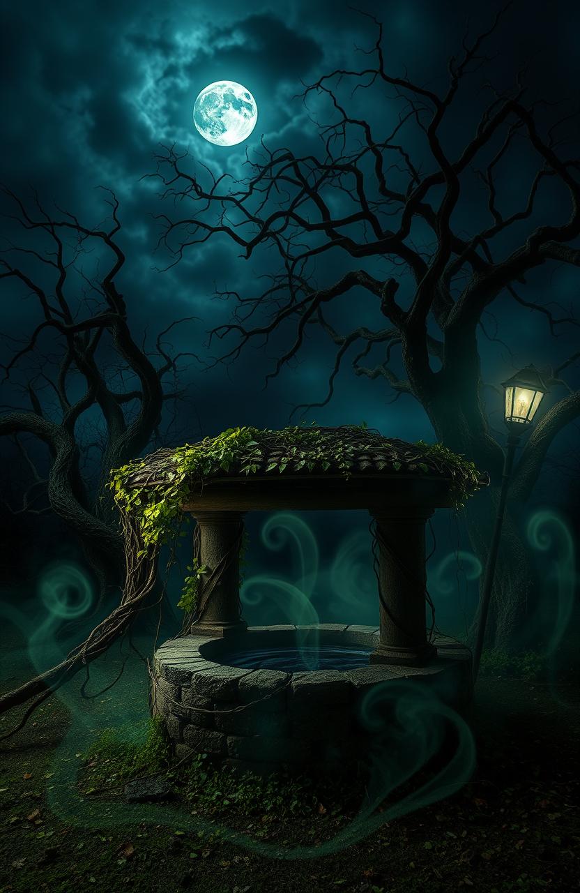 A hauntingly beautiful scene of an ancient, eerie well surrounded by overgrown vines and ominous, twisting trees