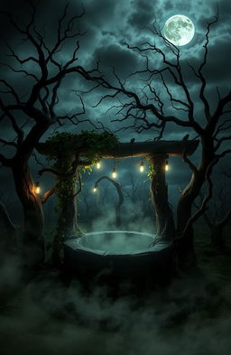 A hauntingly beautiful scene of an ancient, eerie well surrounded by overgrown vines and ominous, twisting trees