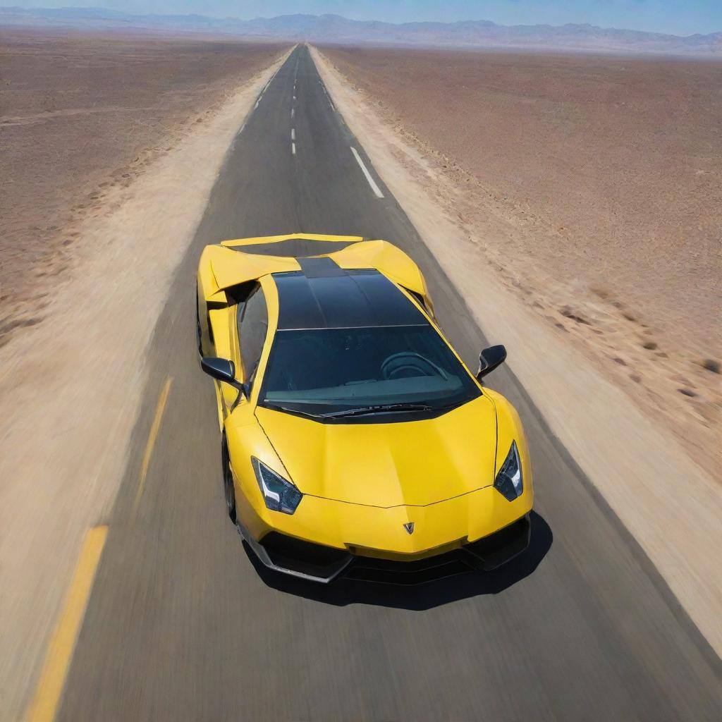 An F-22 Raptor fighter jet soaring above a speeding yellow Lamborghini on an elongated desert highway, a clear blue sky as their backdrop.