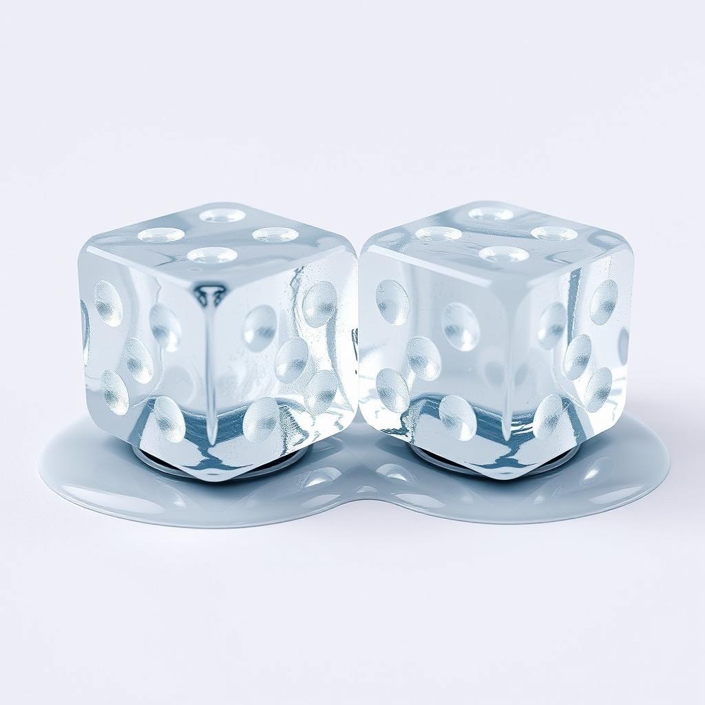 Two melting ice cubes sculpted in the shape of dice, positioned next to each other