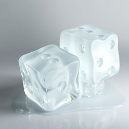 Two melting ice cubes sculpted in the shape of dice, positioned next to each other