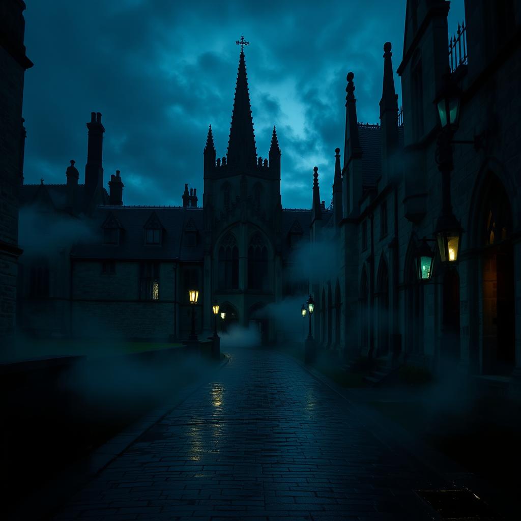 A hauntingly atmospheric image of Oxford University at dusk, with gothic architecture shrouded in mist