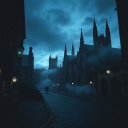 A hauntingly atmospheric image of Oxford University at dusk, with gothic architecture shrouded in mist