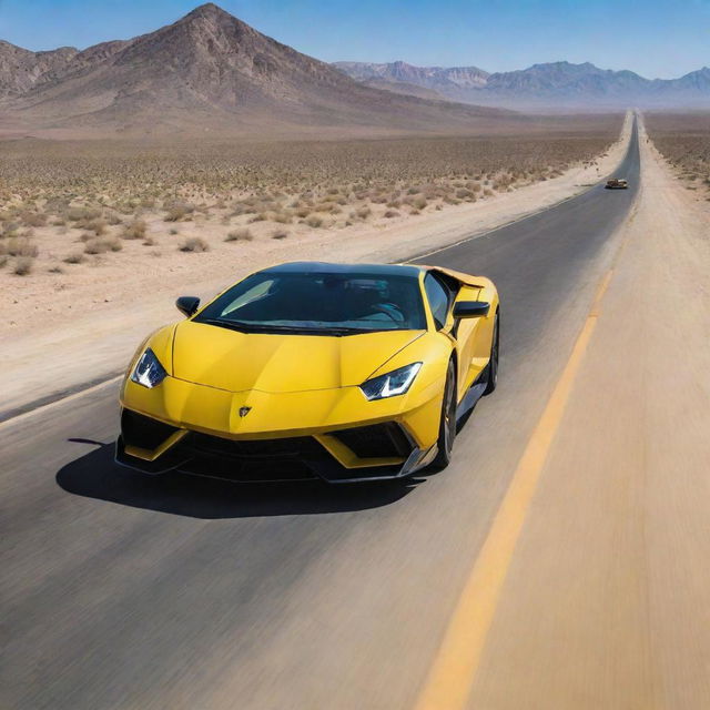 An F-22 Raptor fighter jet soaring above a speeding yellow Lamborghini on an elongated desert highway, a clear blue sky as their backdrop.