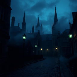 A hauntingly atmospheric image of Oxford University at dusk, with gothic architecture shrouded in mist