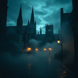 A hauntingly atmospheric image of Oxford University at dusk, with gothic architecture shrouded in mist