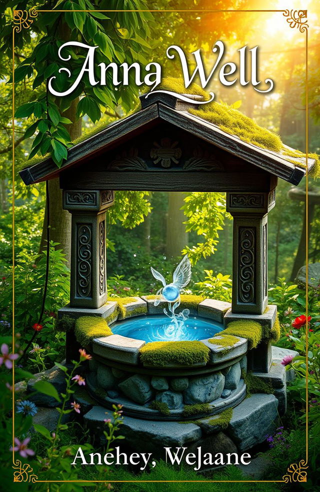 A captivating book cover featuring an ancient well surrounded by lush greenery and wildflowers, with sunlight filtering through the leaves, creating a mystical glow