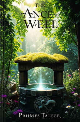 A captivating book cover featuring an ancient well surrounded by lush greenery and wildflowers, with sunlight filtering through the leaves, creating a mystical glow