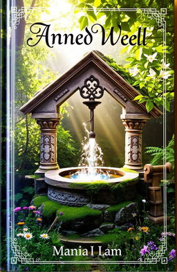 A captivating book cover featuring an ancient well surrounded by lush greenery and wildflowers, with sunlight filtering through the leaves, creating a mystical glow