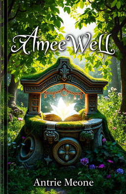 A captivating book cover featuring an ancient well surrounded by lush greenery and wildflowers, with sunlight filtering through the leaves, creating a mystical glow