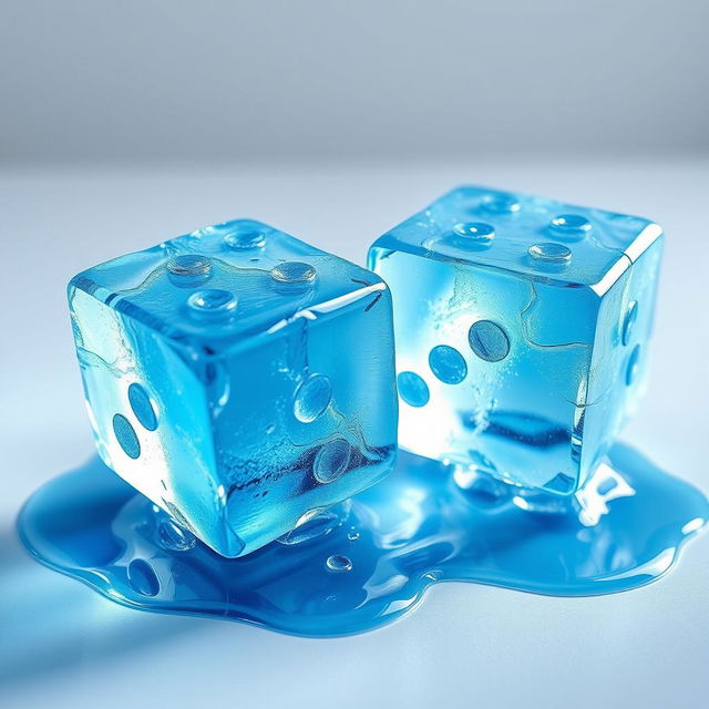 Two melting ice cubes sculpted in the shape of dice, both rendered in a vivid blue color