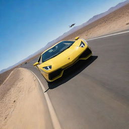 An F-22 Raptor fighter jet soaring above a speeding yellow Lamborghini on an elongated desert highway, a clear blue sky as their backdrop.