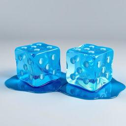 Two melting ice cubes sculpted in the shape of dice, both rendered in a vivid blue color