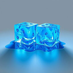 Two melting ice cubes sculpted in the shape of dice, both rendered in a vivid blue color