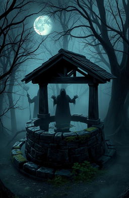 A spooky old well surrounded by eerie trees and mist, the well is ancient with moss-covered stones and dark water reflecting ominously