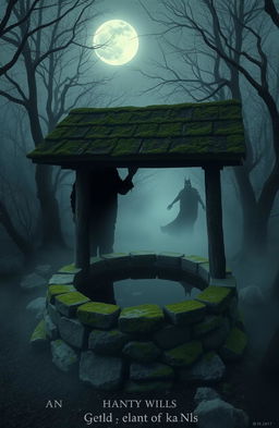 A spooky old well surrounded by eerie trees and mist, the well is ancient with moss-covered stones and dark water reflecting ominously