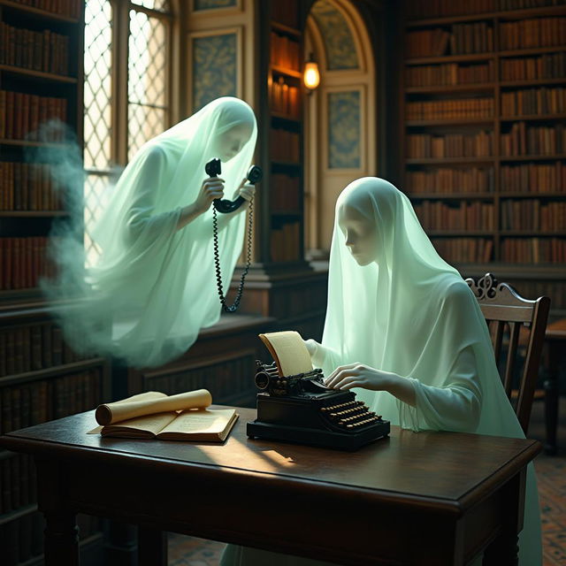 Two ghostly spirits in an ethereal form floating in a historic Oxford University library