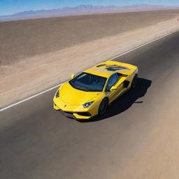 An F-22 Raptor fighter jet soaring above a speeding yellow Lamborghini on an elongated desert highway, a clear blue sky as their backdrop.