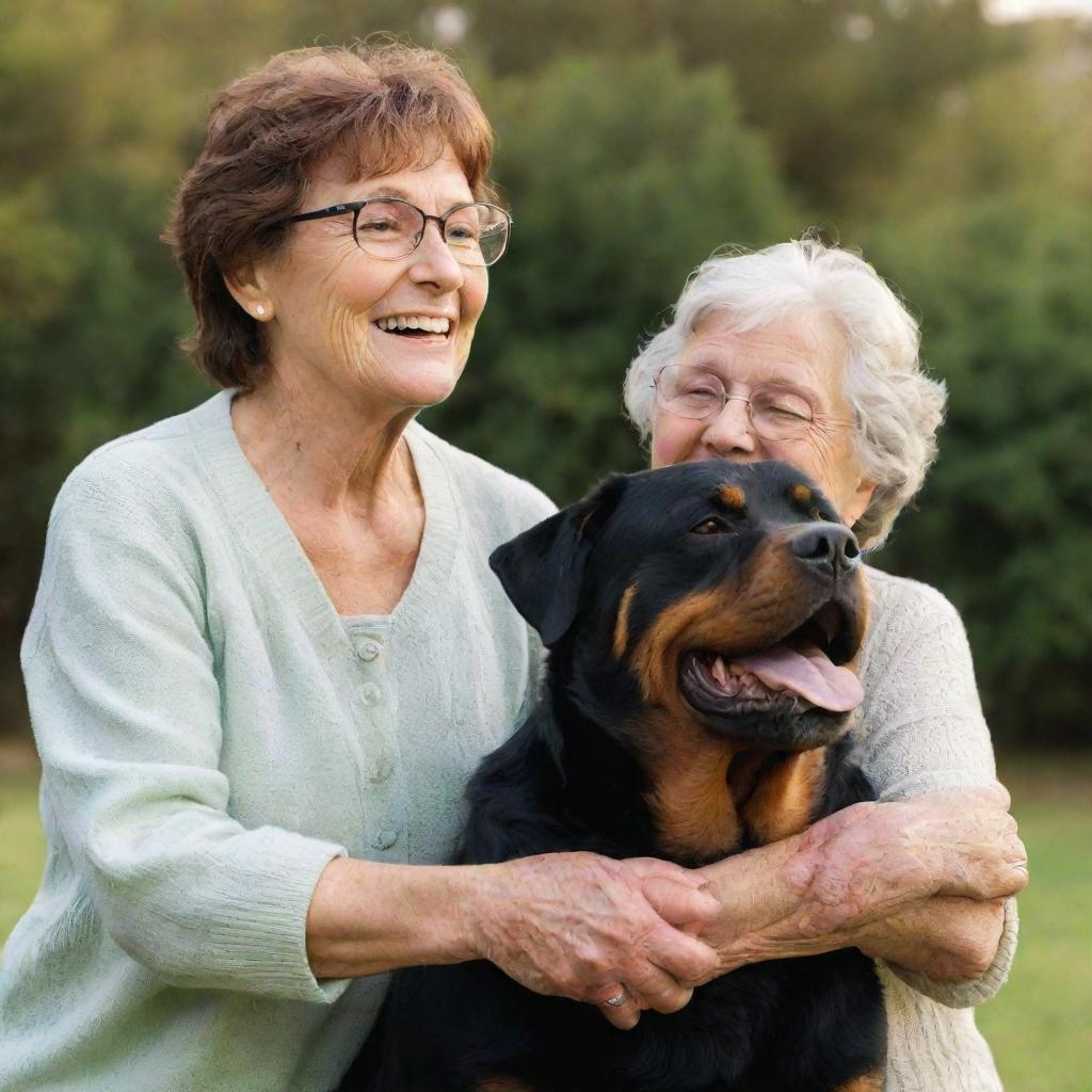 An elderly woman with brown hair and glasses, in heavenly settings, joyfully reunited with an old rottweiler, gleaming with happiness.