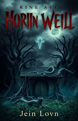 A chilling book cover design featuring an eerie old well situated in a dark, dense forest