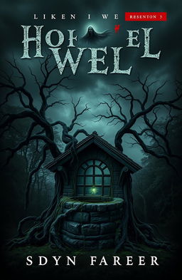 A chilling book cover design featuring an eerie old well situated in a dark, dense forest