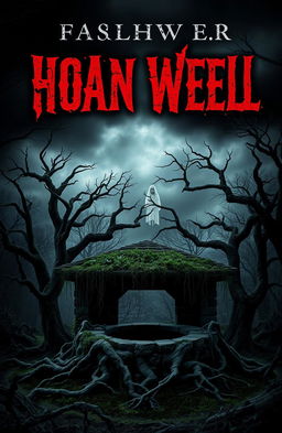 A chilling book cover design featuring an eerie old well situated in a dark, dense forest