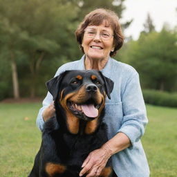 An elderly woman with brown hair and glasses, in heavenly settings, joyfully reunited with an old rottweiler, gleaming with happiness.