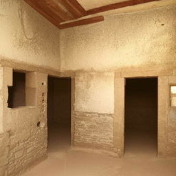 A room with two doors, one located on the North wall's right side, and another on the West wall's right side. There are two windows; a three-compartment window situated in the middle of the South wall, and a 4-compartment window on the middle of the East wall. The room should be furnished with a single bed.