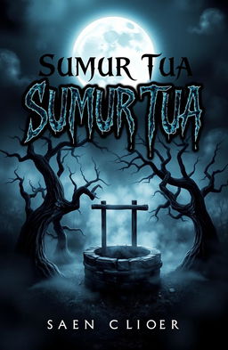 A haunting book cover design for a horror novel titled 'Sumur Tua'