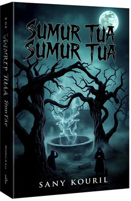 A haunting book cover design for a horror novel titled 'Sumur Tua'