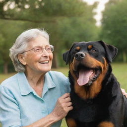 An elderly woman with brown hair and glasses, in heavenly settings, joyfully reunited with an old rottweiler, gleaming with happiness.