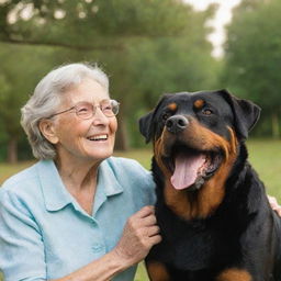 An elderly woman with brown hair and glasses, in heavenly settings, joyfully reunited with an old rottweiler, gleaming with happiness.