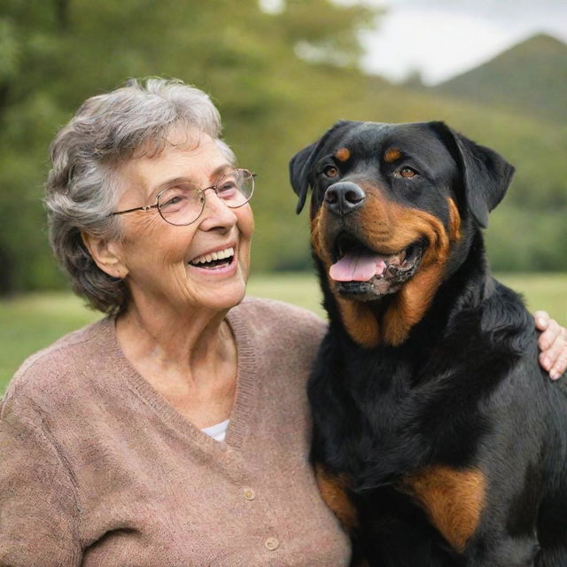 An elderly woman with brown hair and glasses, in heavenly settings, joyfully reunited with an old rottweiler, gleaming with happiness.