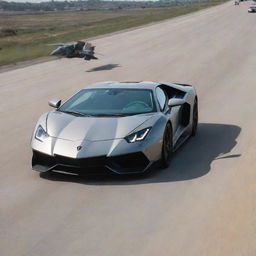 An F-22 Raptor flying overhead, its advanced design tracing through the sky, while beneath, a sleek Lamborghini races along the roadway.