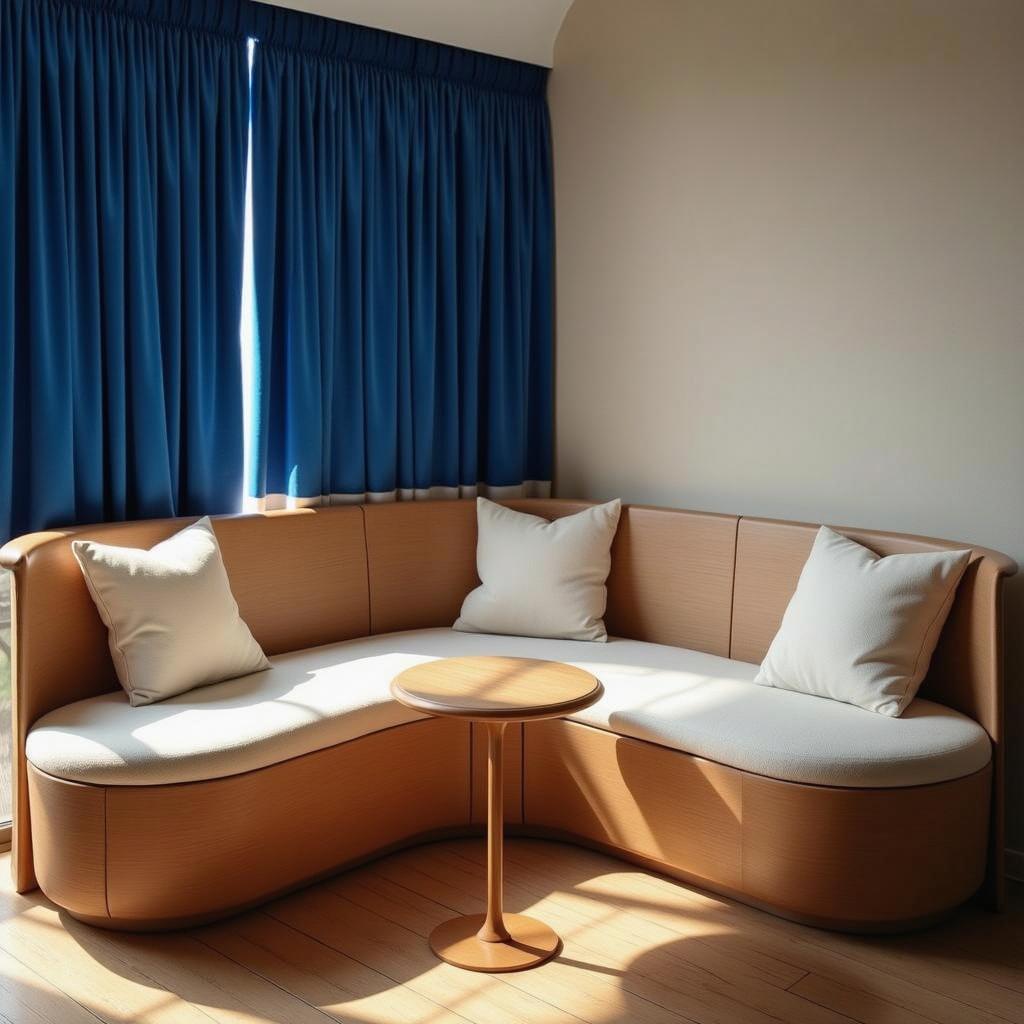 A cozy and inviting interior scene featuring a stylish, curved wooden sofa with plush white cushions