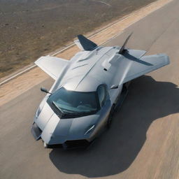 An F-22 Raptor flying overhead, its advanced design tracing through the sky, while beneath, a sleek Lamborghini races along the roadway.