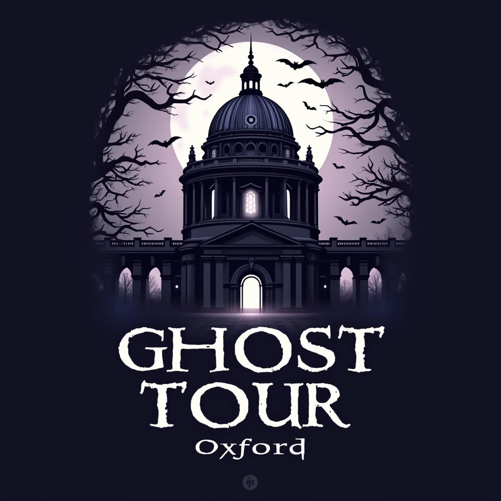 A logo design for a ghost tour service in Oxford, featuring an eerie yet stylish depiction of an iconic Oxford building, shrouded in mist with ghostly apparitions subtly integrated into the design