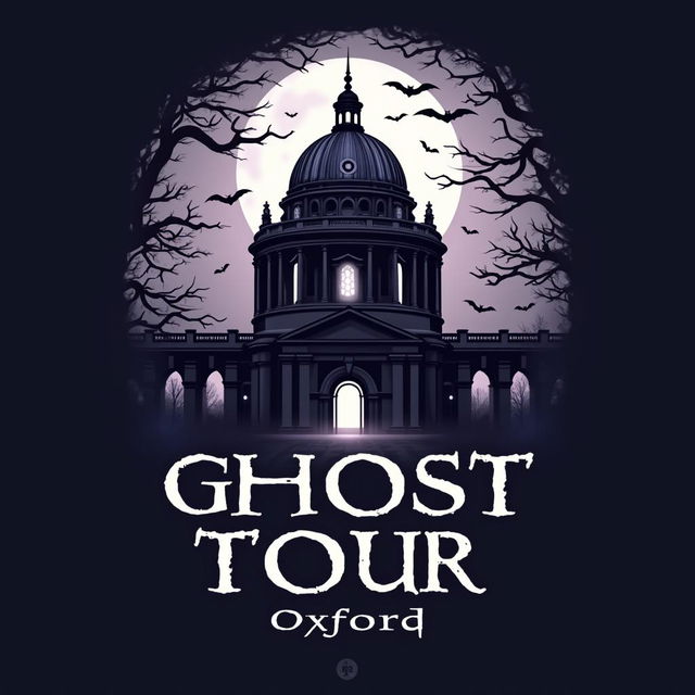 A logo design for a ghost tour service in Oxford, featuring an eerie yet stylish depiction of an iconic Oxford building, shrouded in mist with ghostly apparitions subtly integrated into the design