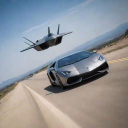 An F-22 Raptor flying overhead, its advanced design tracing through the sky, while beneath, a sleek Lamborghini races along the roadway.