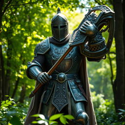 A detailed medieval knight in full armor, showcasing intricate engravings and designs on the armor, wielding a massive battle mace