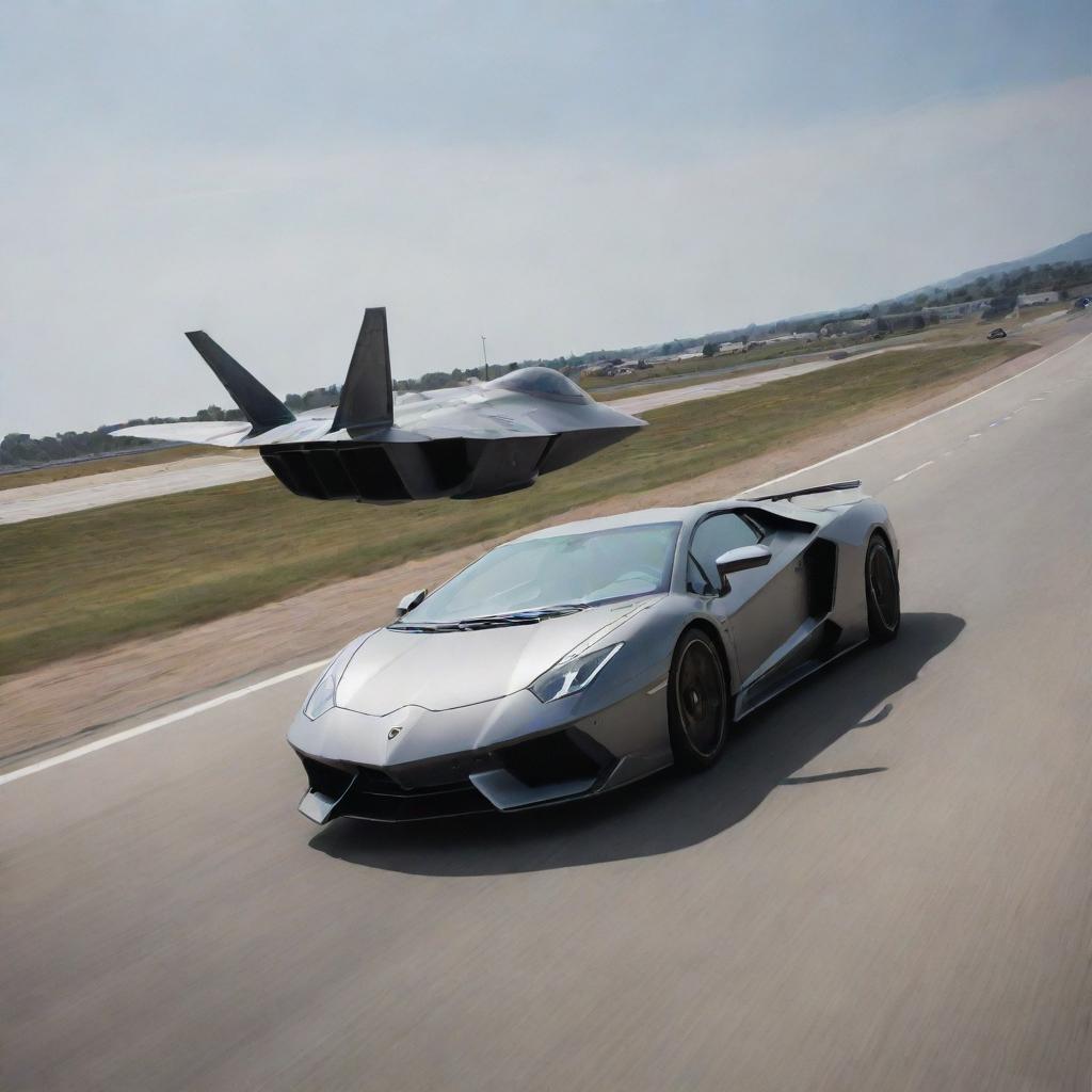 An F-22 Raptor flying overhead, its advanced design tracing through the sky, while beneath, a sleek Lamborghini races along the roadway.