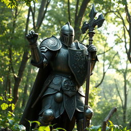 A detailed medieval knight in full armor, showcasing intricate engravings and designs on the armor, wielding a massive battle mace