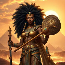 A powerful Egyptian warrior with a magnificent Afro hairstyle, standing confidently in an ancient Egyptian landscape